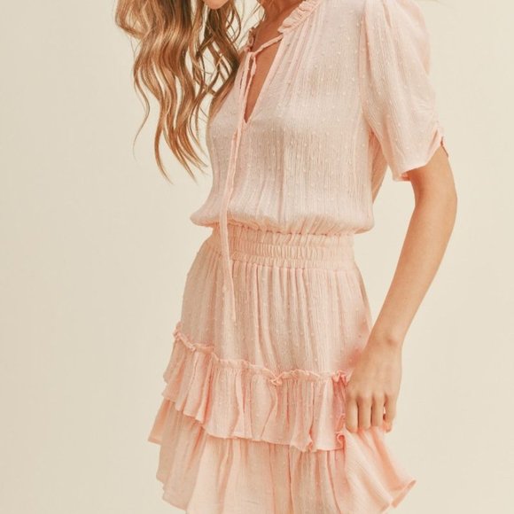 Boho Pink Swiss Dot Ruffle Tiered Tie Front Mini Dress - Picture 3 of 5